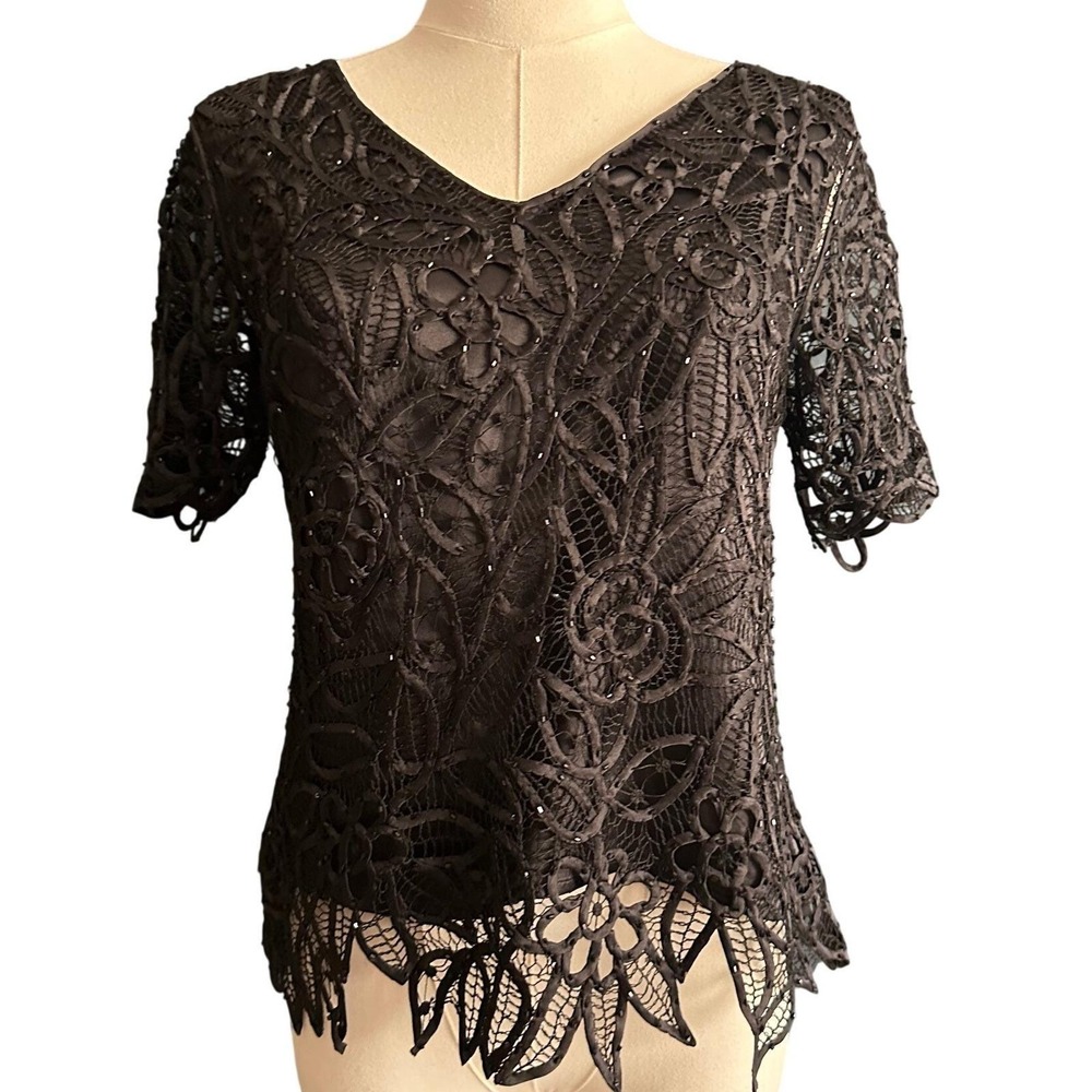 Silken Poetry Black 100% Silk Hand Crochet Beaded Top Small